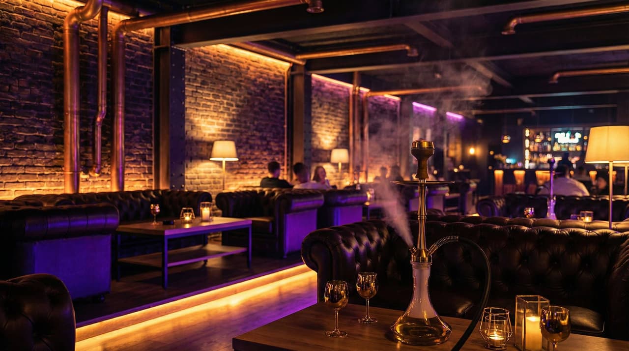 Зал кальянной Loft Lounge в Ейске: кирпичные стены, диваны, тёплая подсветка